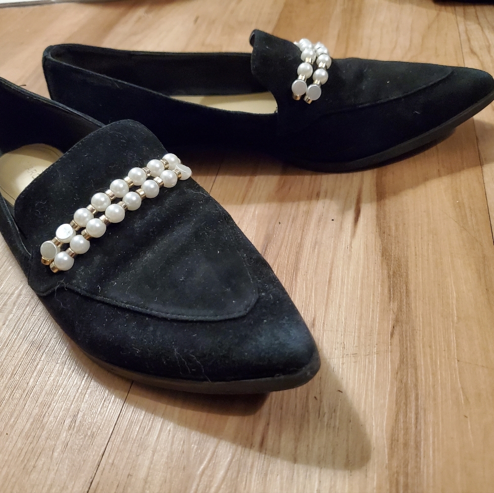 Marc Fisher | Black Suede Loafers with Pearl embellishment